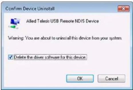 Confirm Device Uninstall Allied Telesis USB Remote NDIS Device Warning: You are about to uninstall this device from your system. ✓ Delete the driver software for this device OK Cancel