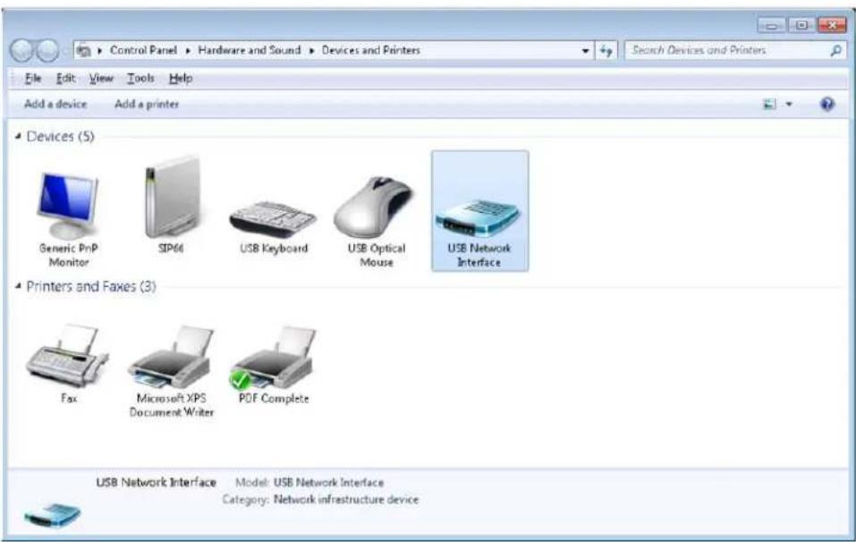 Control Panel > Hardware and Sound > Devices and Printers File Edit View Tools Help Add a device Add a printer Devices (5) Generic PrP Monitor SIP66 USB Keyboard USB Optical Mouse USB Network Interface Printers and Faxes (3) Fax Microsoft XPS Document Writer PDF Complete USB Network Interface Model: USB Network Interface Category: Network infrastructure device