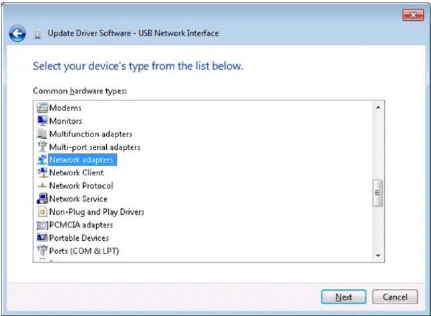 Update Driver Software - USB Network Interface Select your device's type from the list below. Common hardware types: Modems Monitors Multifunction adapters Multi-port serial adapters Network adapters Network Client Network Protocol Network Service Non-Plug and Play Drivers PCMCIA adapters Portable Devices Ports (COM & LPT) Next Cancel