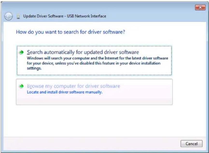 Update Driver Software - USB Network Interface How do you want to search for driver software? → Search automatically for updated driver software Windows will search your computer and the Internet for the latest driver software for your device, unless you've disabled this feature in your device installation settings. → Browse my computer for driver software Locate and install driver software manually. Cancel