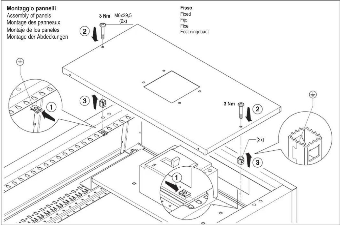 Montaggio pannelli Assembly of panels Montage des panneaux Montaje de los paneles Montage der Abdeckungen 3 Nm M6x29,5 (2x) Fisso Fixed Fijo Fixe Fest eingebaut 1 2 3 3 Nm (2x) 1 2 3