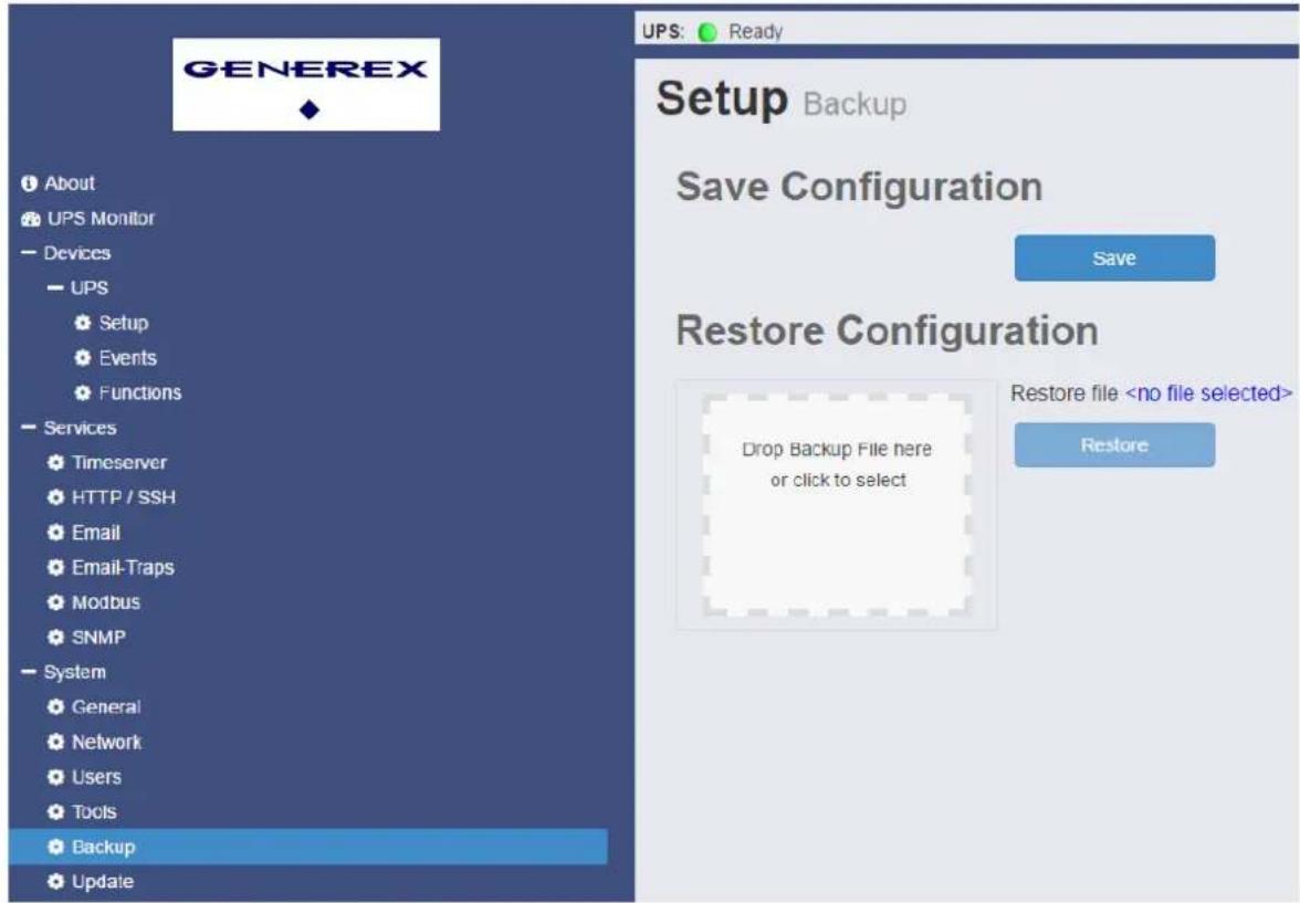 GENEREX About UPS Monitor Devices UPS Setup Events Functions Services Timeserver HTTP / SSH Email Email-Traps Modbus SNMP System General Network Users Tools Backup Update UPS: Ready Setup Backup Save Configuration Save Restore Configuration Drop Backup File here or click to select Restore file Resto…