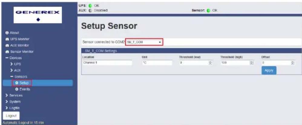 GENEREX About UPS Monitor AUX Monitor Sensor Monitor Devices UPS Aux Sensors Setup Events Services System Logtle Logout Automatic Logout in 15 min UPS: OK AUX: Disabled Sensor: OK Setup Sensor Sensor connected to COM2 SM_T_COM SM_T_COM Settings Location Unit Threshold (low) Threshold (high) Offset C…