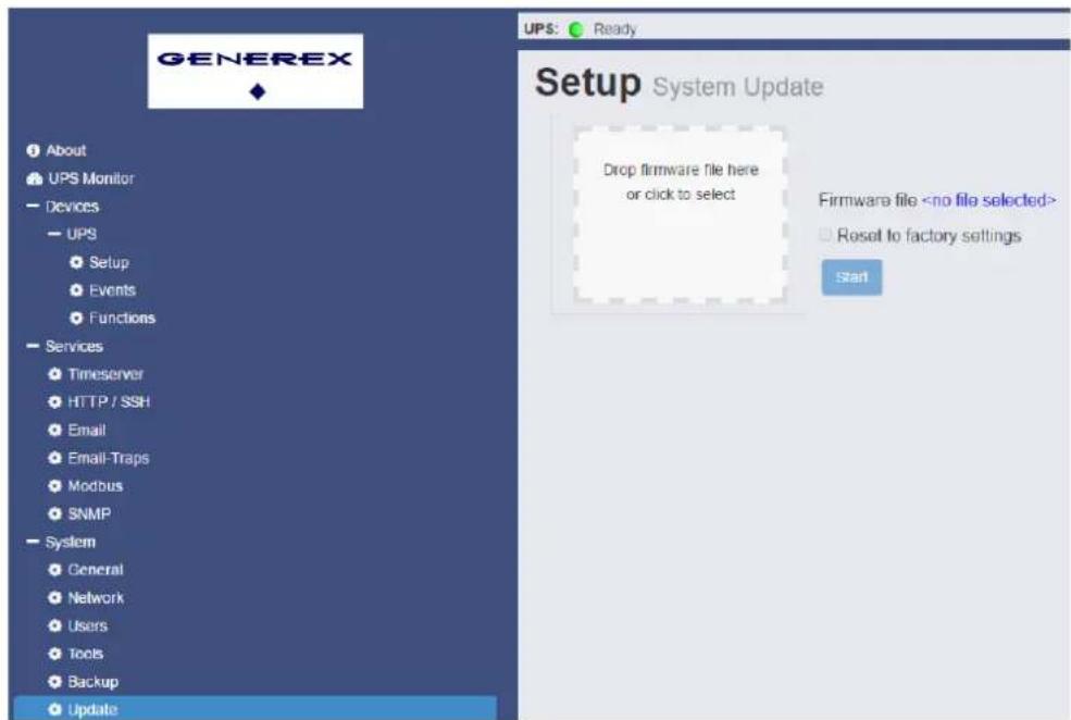 GENEREX ◆ About UPS Monitor Devices UPS Setup Events Functions Services Timeserver HTTP / SSH Email Email-Traps Modbus SNMP System General Network Users Tools Backup Update UPS: Ready Setup System Update Drop firmware file here or click to select Firmware file Reset to factory settings Start