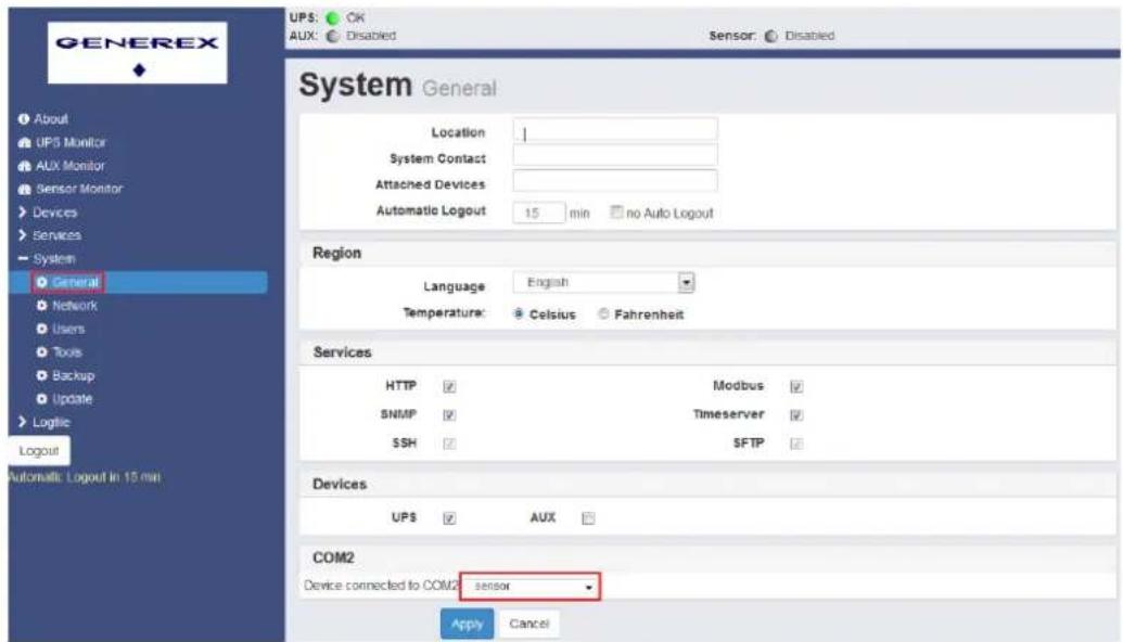 GENEREX About UPS Monitor AUX Monitor Sensor Monitor Devices Services System General Network Users Tools Backup Update Logtic Logout Automatically: Logout in 15 min UPS: OK AUX: Disabled Sensor: Disabled System General Location: System Contact: Attached Devices: Automatic Logout 15 min no Auto Logou…