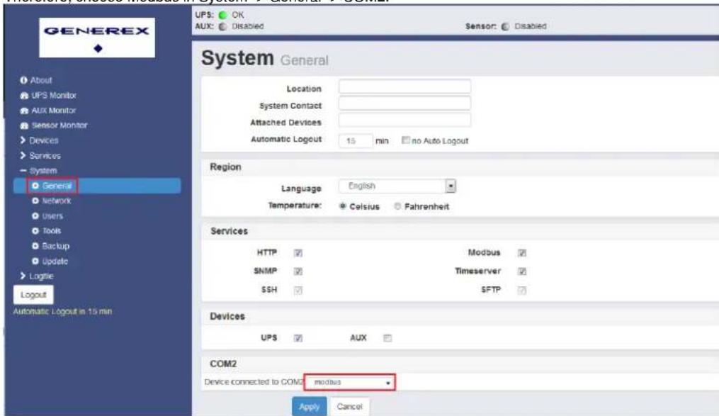 GENEREX About UPS Monitor AUX Monitor Sensor Monitor Devices Services System General Network Users Tools Backup Update Logtle Logout Automatic Logout in 15 min UPS: OK AUX: Disabled Sensor: Disabled System General Location System Contact Attached Devices Automatic Logout 15 min no Auto Logout Region…