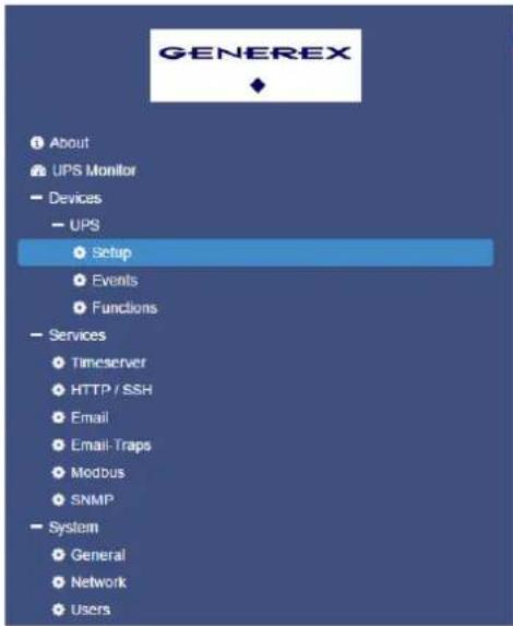 GENEREX About UPS Monitor Devices UPS Setup Events Functions Services Timeserver HTTP / SSH Email Email-Traps Modbus SNMP System General Network Users
