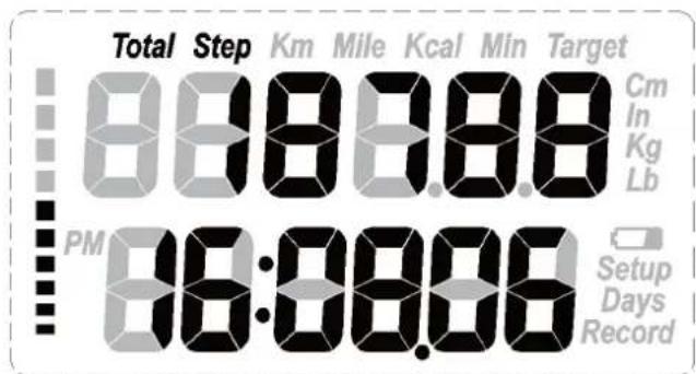 Total Step Km Mile Kcal Min Target Cm In Kg Lb PM 88:00.00 Setup Days Record
