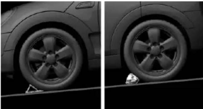 Side-by-side comparison of a car wheel rim and its side profile, showing tire alignment (no text or symbols)