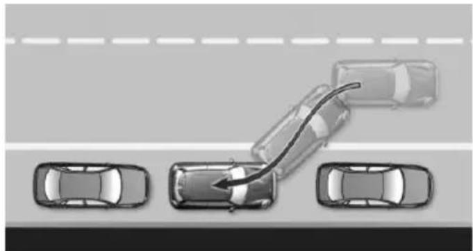 Top-down diagram of a road with cars and a curved arrow indicating direction (no text or symbols)