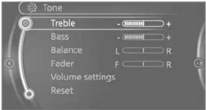 Tone Treble - + Bass - + Balance L R Fader F R Volume settings Reset