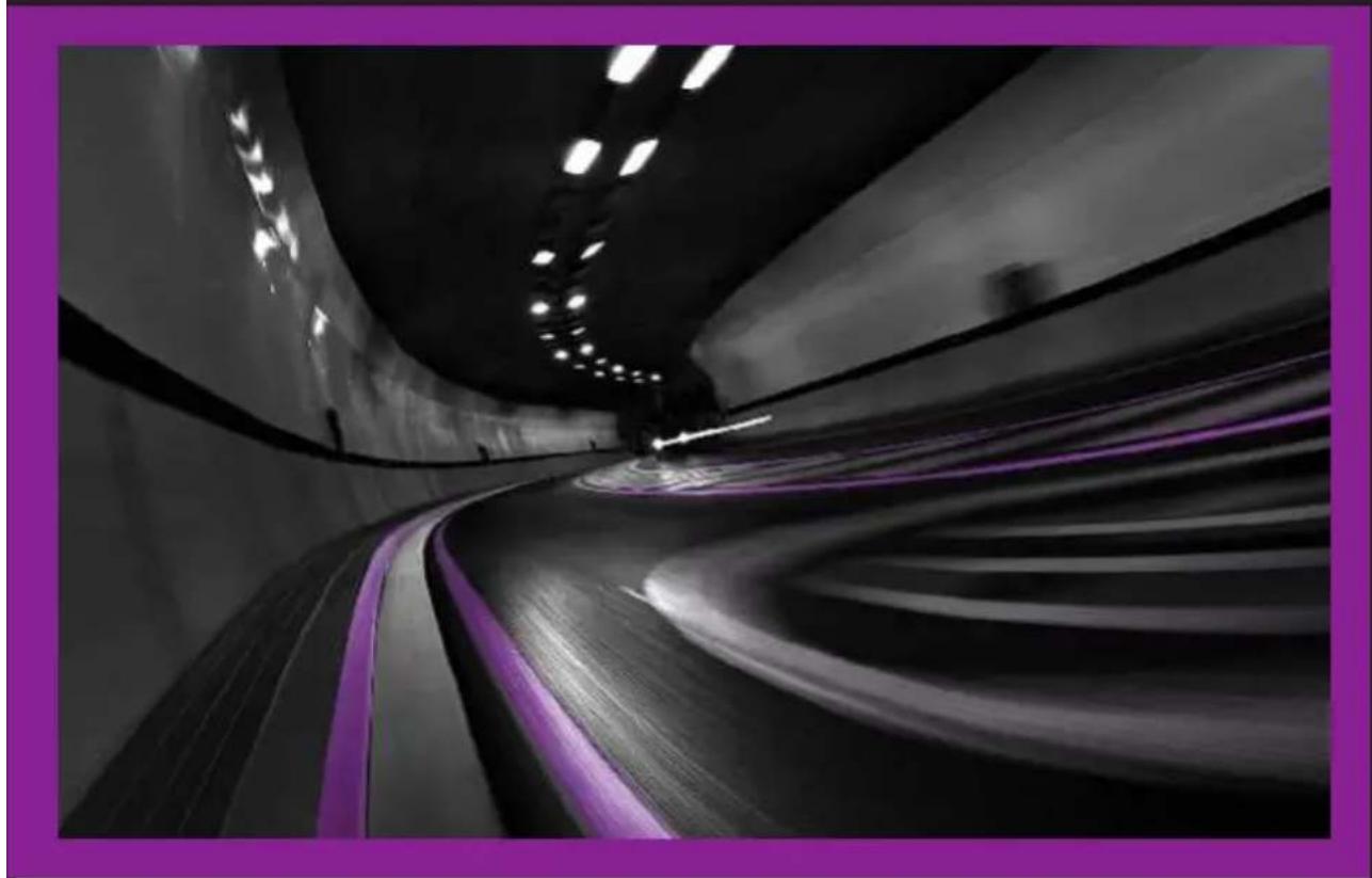Black and white photo of a curved tunnel with motion blur, framed by a purple border (no text or symbols visible)