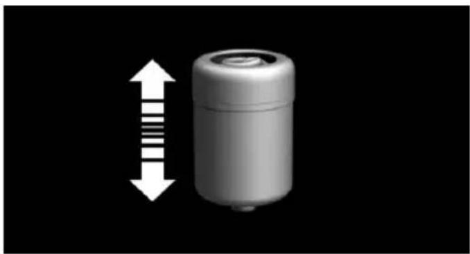 3D rendered image of a cylindrical battery with a vertical double-headed arrow indicating upward motion (no text or symbols)