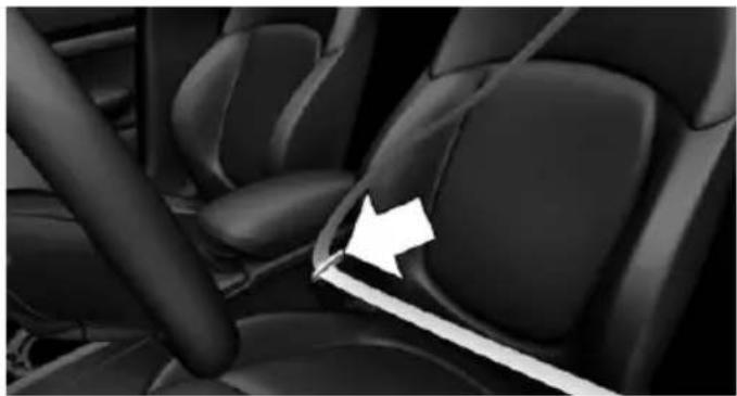 Interior view of a car seatbelt with a white arrow pointing to the side panel (no text or symbols visible)