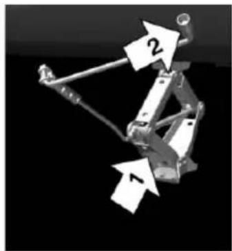 3D mechanical linkage diagram with labeled parts (no text or symbols beyond numbers)