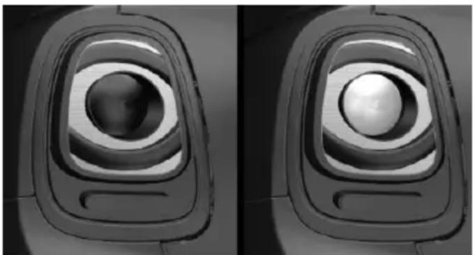 Two grayscale 3D-rendered objects with concentric square frames, one showing a spherical eye and the other a sphere (no text or symbols)