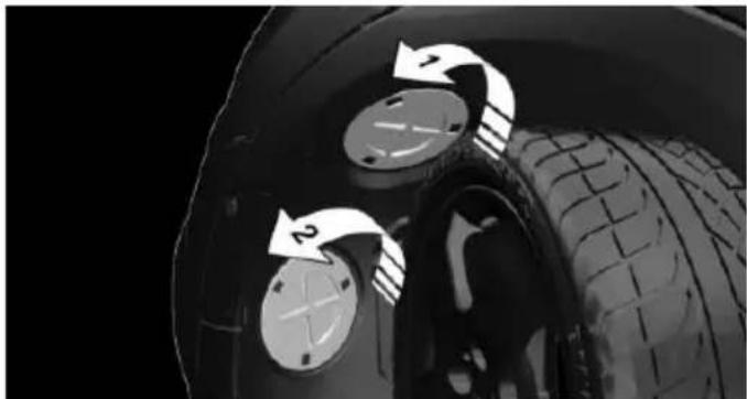Close-up of a car tire with two circular buttons and directional arrows indicating rotation (no text or symbols)