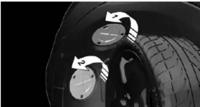 Close-up of a car tire and its rear wheel with circular arrows indicating rotation or movement (no text or symbols)