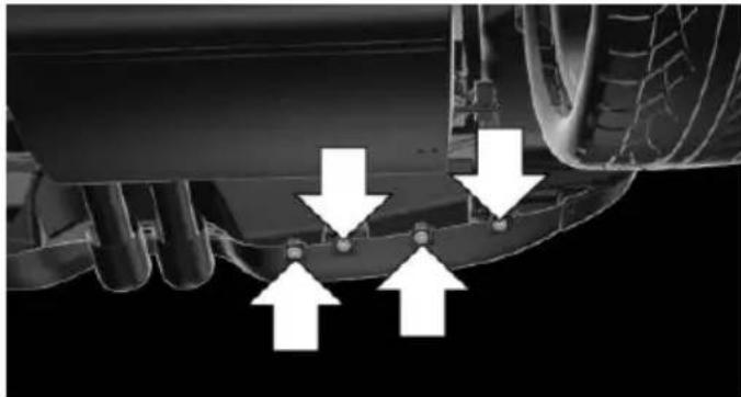 Close-up of a car's lower body with three white arrows pointing to a component, no visible text or symbols.