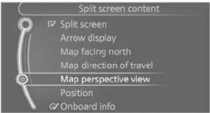 Split screen content ✓ Split screen Arrow display Map facing north Map direction of travel Map perspective view Position ✓ Onboard info