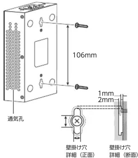 通気孔 106mm 1mm 2mm 壁掛け穴 詳細(正面) 壁掛け穴 詳細(断面)