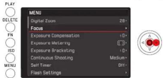 PLAY DELETE FN ISO MENU MENU Digital Zoom 28 Focus Exposure Compensation :0 Exposure Metering Exposure Bracketing :0 Continuous Shooting Medium Self Timer Off Flash Settings