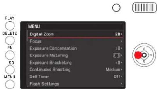 PLAY DELETE FN ISO MENU MENU Digital Zoom 2B Focus Exposure Compensation :0 Exposure Metering (C) Exposure Bracketing :0 Continuous Shooting Medium Self Timer Off Flash Settings