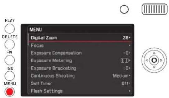 PLAY DELETE FN ISO MENU MENU Digital Zoom 28 Focus Exposure Compensation :0 Exposure Metering (1) Exposure Bracketing :0 Continuous Shooting Medium Self Timer Off1 Flash Settings