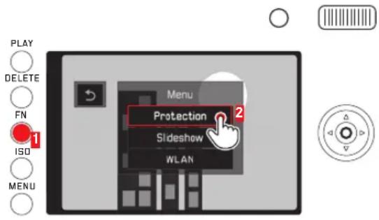 PLAY DELETE FN ISO MENU Menu Protection Slideshow WLAN 1 2