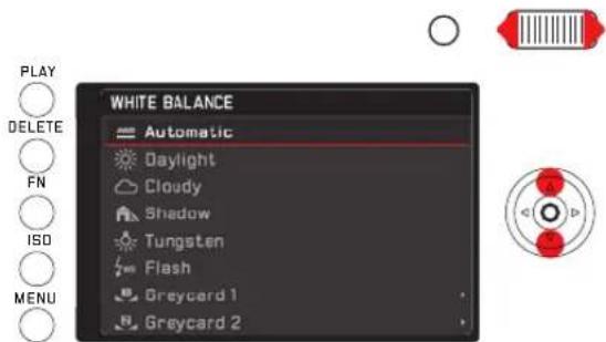 PLAY DELETE FN ISO MENU WHITE BALANCE Automatic Daylight Cloudy Shadow Tungsten Flash Greycard 1 Greycard 2