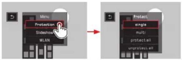 Menu Protection Slideshow WLAN Protect single multi protect all unprotect all