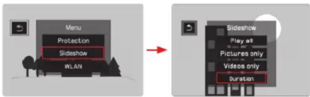 Menu Protection Slideshow WLAN Sideshow Play all Pictures only Videos only Duration