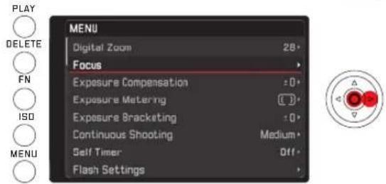 PLAY DELETE FN ISO MENU MENU Digital Zoom 28 Focus Exposure Compensation :0 Exposure Metering (C) Exposure Bracketing :0 Continuous Shooting Medium Self Timer Off Flash Settings