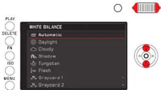 PLAY DELETE FN ISO MENU WHITE BALANCE Automatic Daylight Cloudy Shadow Tungsten Flash Greycard 1 Greycard 2