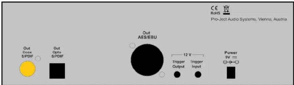 CE RoHS Pro-Ject Audio Systems, Vienna, Austria Out Coax S/PDIF Out Opto S/PDIF Out AES/EBU 12 V Trigger Output Trigger Input Power 9V = =