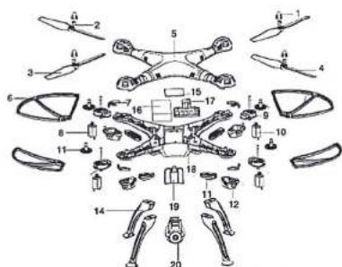 Exploded view diagram of a drone with numbered parts for identification