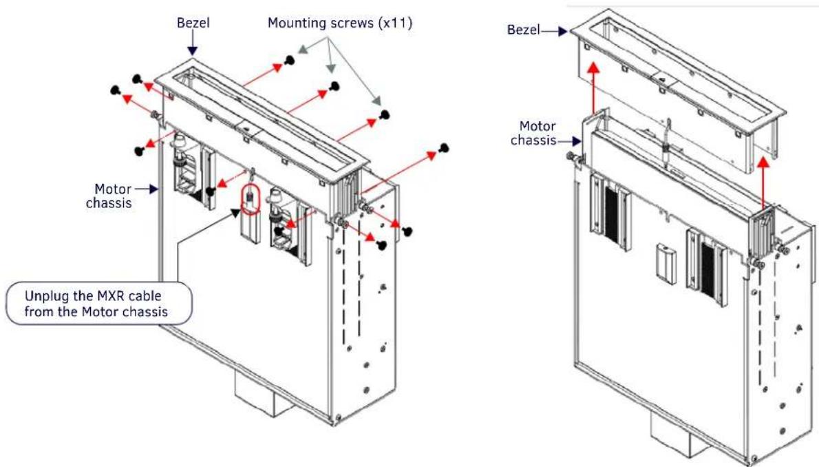 Bezel Mounting screws (x11) Motor chassis Bezel Motor chassis Unplug the MXR cable from the Motor chassis