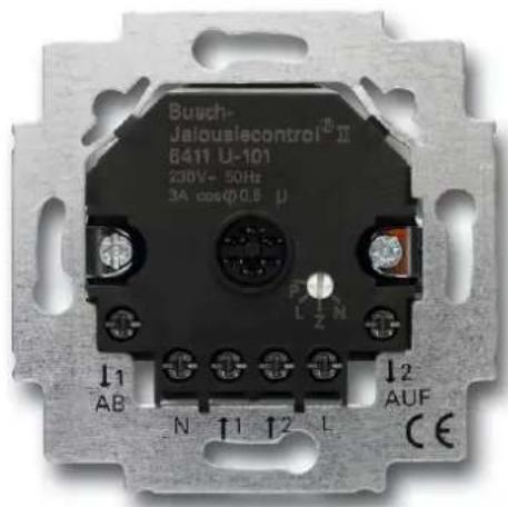 Busch- Jalouslecontrol® II 6411 U-101 230V- 50Hz 3A cos(Φ0.8 μ) ↓1 AB N ↑1 ↑2 ↓ ↓2 AUF CE
