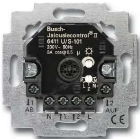 Busch- Jalousiecontrol® II 6411 U/S-101 230V~ 50Hz 3A cosφ0,5 μ ↓1 AB N ↑1 ↑2 L ↓2 AUF CE