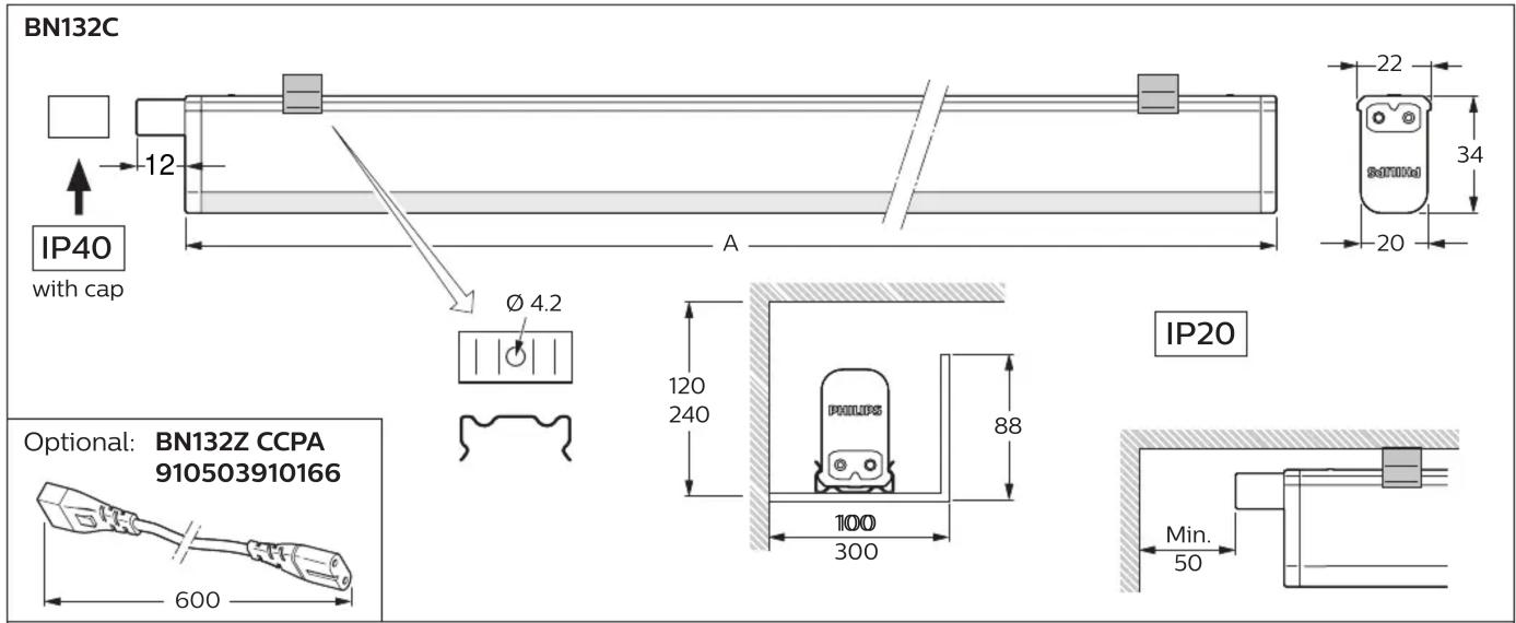 BN132C IP40 with cap 12 Ø 4.2 A 22 34 20 IP20 120 240 88 100 300 600 Min. 50 Optional: BN132Z CCPA 910503910166