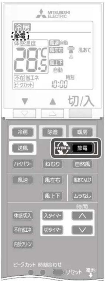 MITSUBISHI ELECTRIC 冷房 節電 体感温度 風速 自動 風左右 風あて 28.5 風上下 自動 不在省エネ 時刻 ピクカット 0:00 切/入 冷房 除湿 暖房 送風 HYBRID 節電 ハイパワー ねむり 自然風 風速 風左右 風あてなけ 風上下 ムラなし 時間 体感切入 入タイマー ヘ 不在省エネ 切タイマー ✓ 内部クリーン ピークカット 時刻合わせ リセット 電池