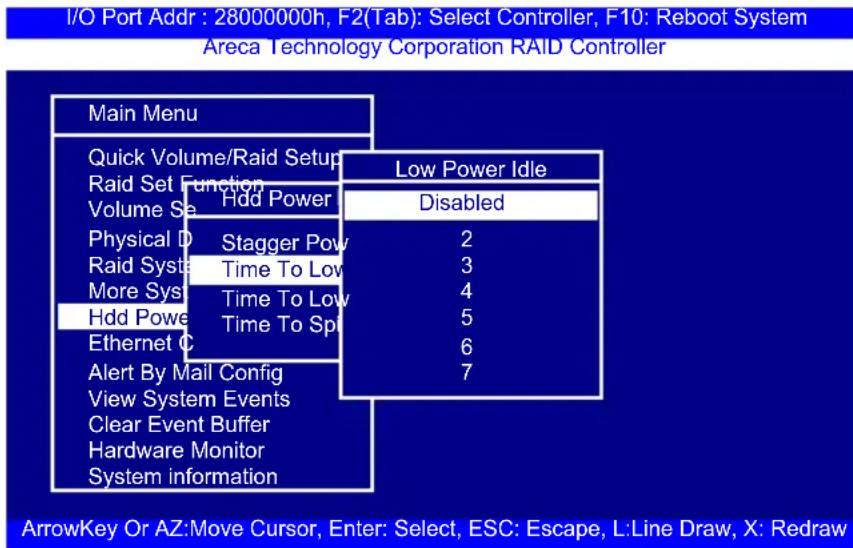 I/O Port Addr : 28000000h, F2(Tab): Select Controller, F10: Reboot System Areca Technology Corporation RAID Controller Main Menu Quick Volume/Raid Setup Raid Set Function Volume Set Hdd Power Physical D Stagger Pow 2 Raid Syst Time To Low 3 More Syst Time To Low 4 Hdd Pow Time To Sp 5 Ethernet C 6 Alert By Mail Config 7 View System Events Clear Event Buffer Hardware Monitor System information Low Power Idle Disabled ArrowKey Or AZ:Move Cursor, Enter: Select, ESC: Escape, L:Line Draw, X: Redraw