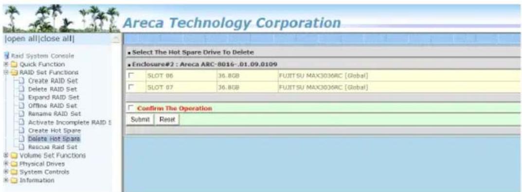 Areca Technology Corporation | open all|close all| Raid System Console Quick Function RAID Set Functions Create RAID Set Expand RAID Set Offline RAID Set Rename RAID Set Activate Incomplete RAID S Create Hot Spare Delete Hot Spare Rascua Raid Set Volume Set Functions Physical Drives System Controls Information Select The Hot Spare Drive To Delete Enclosure#2 : Areca ARC-8016-.01.09.0109 SLOT 06 36.8GB FUJITSU MAX30XRC [Global] SLOT 07 36.8GB FUJITSU MAX30XRC [Global] Confirm The Operation Submit Reset