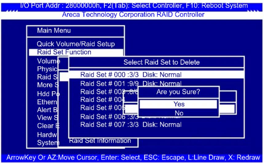 I/O Port Addr : 28000000h, F2(Tab): Select Controller, F10: Reboot System Areca Technology Corporation RAID Controller Main Menu Quick Volume/Raid Setup Raid Set Function Volume Select Raid Set to Delete Physic Raid Set # 000 :3/3 Disk: Normal Raid S Raid Set # 001 :9/9 Disk: Normal More S Hdd Po Raid Set # 003 :8/6 Are you Sure? Ethern Raid Set # 004 Yes Alert B Raid Set # 005 No View S Raid Set # 006 :3/3 Disk: Normal Clear B Raid Set # 007 :3/3 Disk: Normal Hardw System Raid Set Information ArrowKey Or AZ:Move Cursor, Enter: Select, ESC: Escape, L:Line Draw, X: Redraw