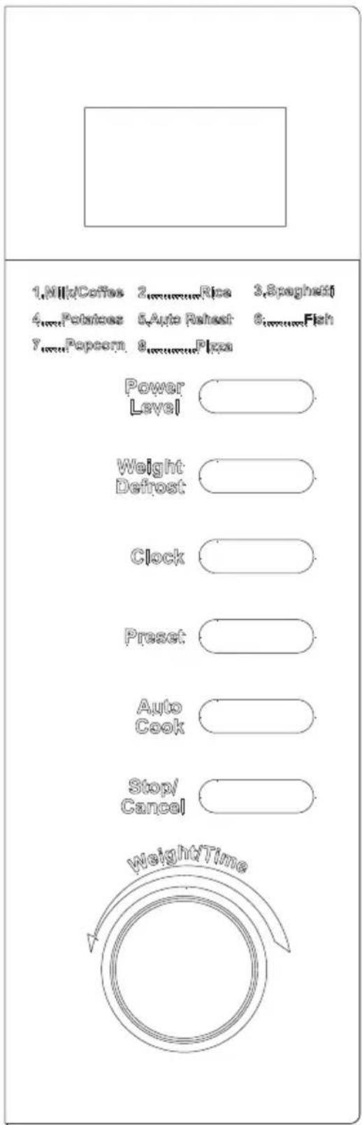 1.Milk/Coffee 2.Rice 3.Spaghetti 4.Potatoes 5.Auto Rohest 6.Fish 7.Popcorn 8.Pizza Power Level Weight Detrost Clock Preset Auto Cook Stop/ Cancel WeightTime