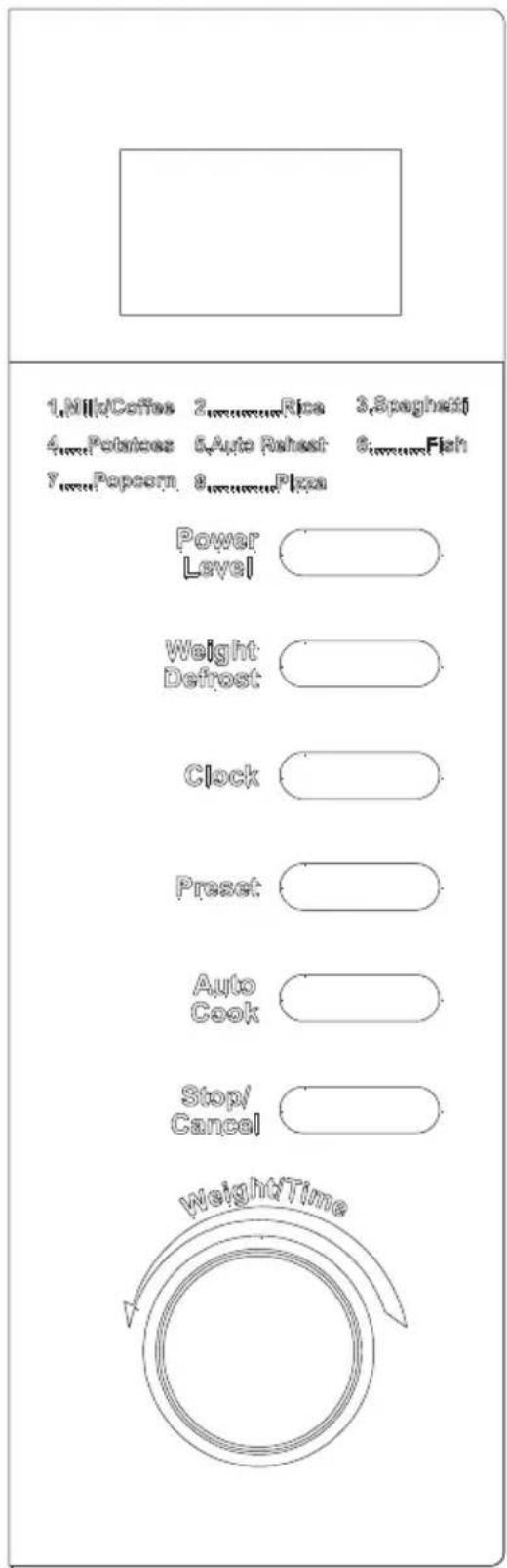 1.Milk/Coffee 2.Rice 3.Spaghesh 4.Pasteces 5.Auto Roheat 6.Fish 7.Papercorn 8.Pipea Power Level Weight Defrost Clock Preset Auto Cook Stop/ Cancel Weight Time
