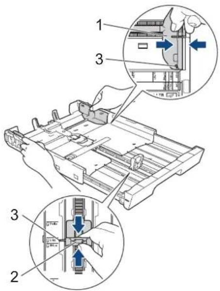 BROTHER MFC-J6580CDW - 幅のガイド（1）と長さのガイド (2) の△の目印（3）を、用紙サイズの目盛りに合わせる - 1