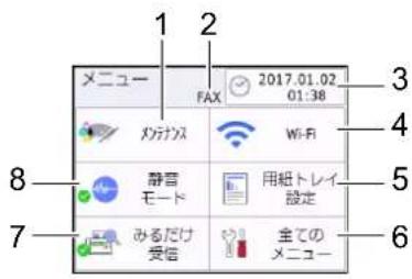 メニュー FAX 2017.01.02 01:38 メンテナンス WiFi 静音 モード 用組トレイ 設定 みるだけ 受信 全ての メニュー 8 7 6 4 3 5 4