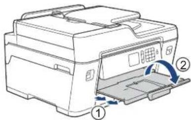 BROTHER MFC-J6580CDW - 用紙ストッパーを確実に引き出し（1）、フラップを開く（2） - 1