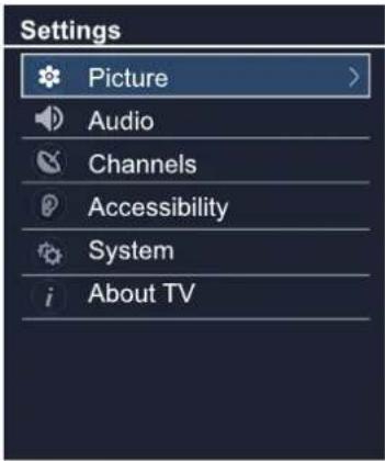 Settings Picture Audio Channels Accessibility System About TV